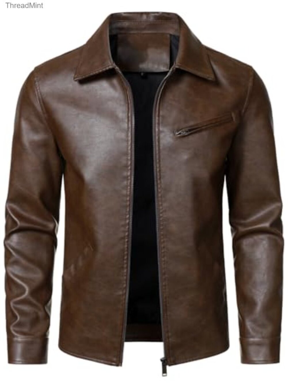 Men's Faux PU Leather Jacket Turn Down Collar Zip Front Lightweight Biker Coat